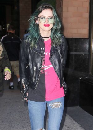 Bella Thorne in Jeans and Leather Jacket out in NYC